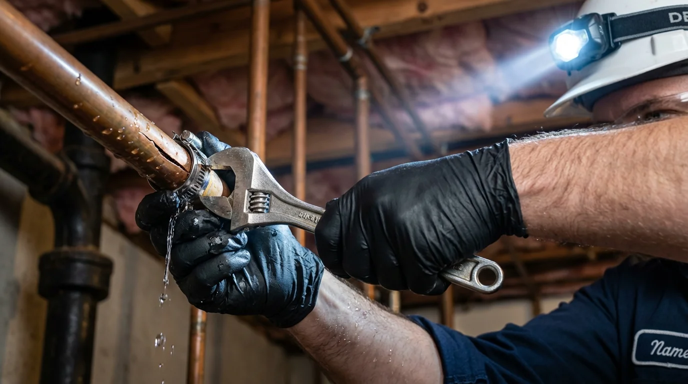 Emergency pipe clamp repair being performed by a Johns Plumbing LLC plumber in Clintondale