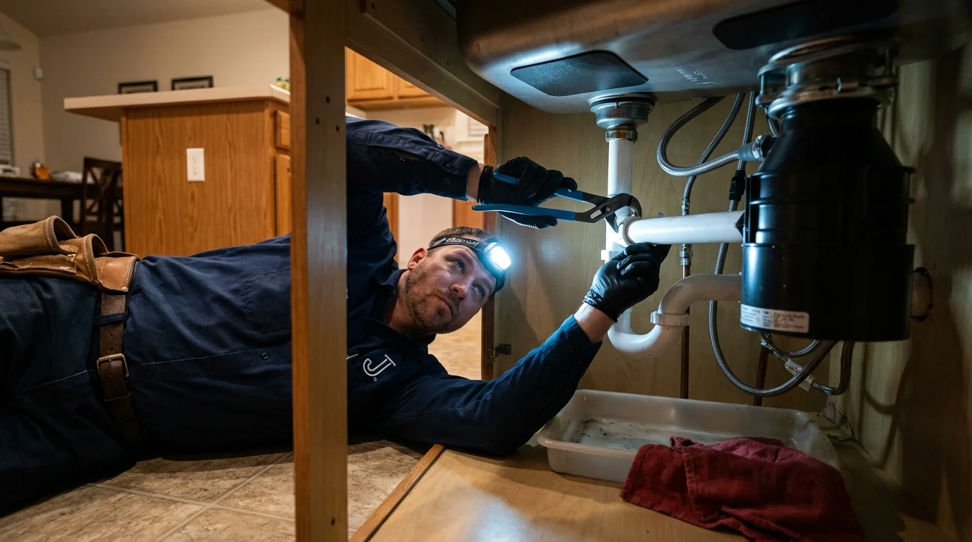 P-trap and supply line connections under a kitchen sink showing a common leak point in Clintondale, NY